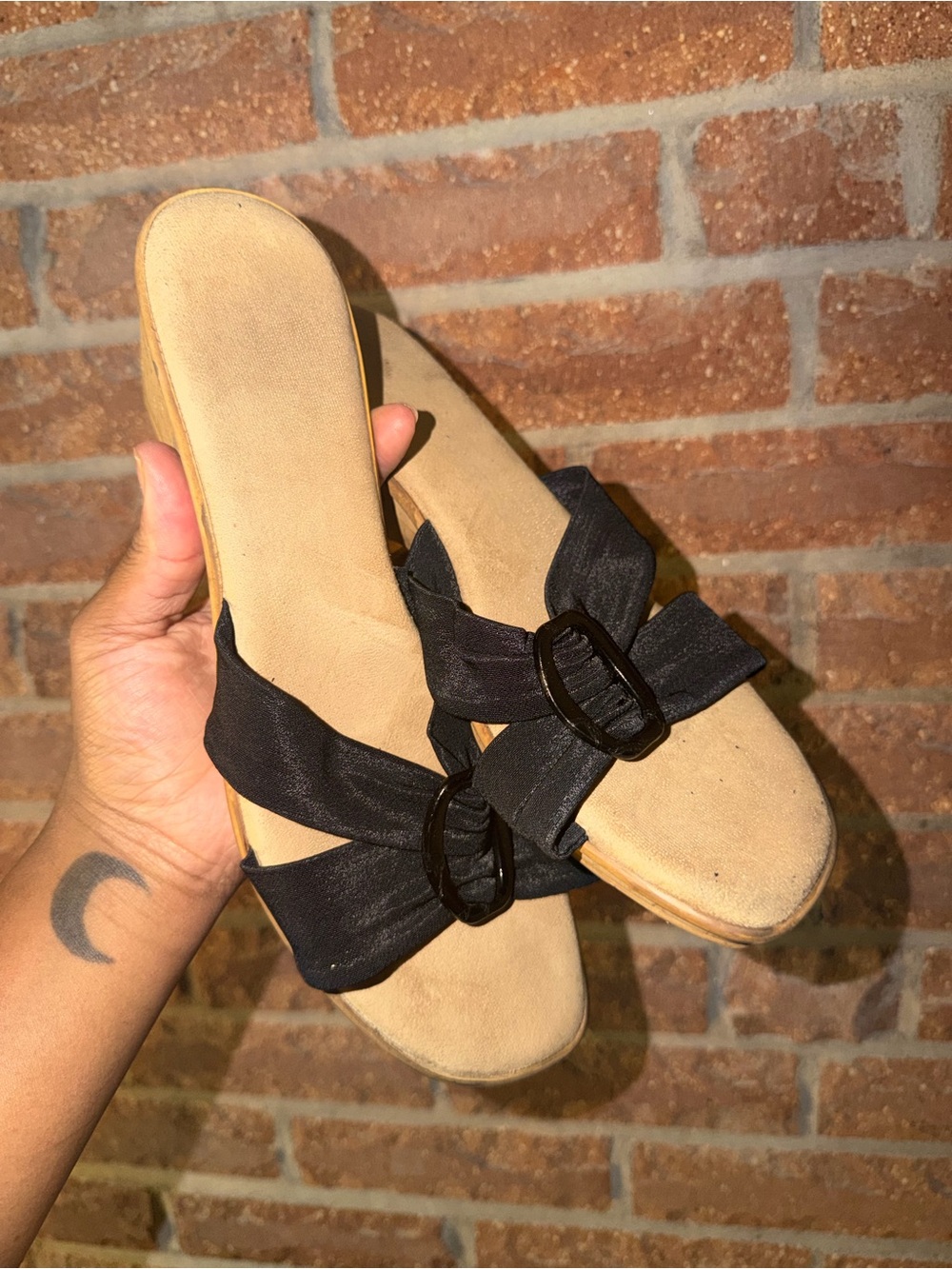 Women's Black Slide Sandals with Buckle Accent